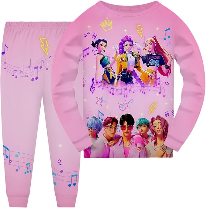 Girls 2 Piece K Pop Singer Outfits Cute Cartoon Graphic Shirts and Pants Casual Tracksuit Fashion Clothing Sets