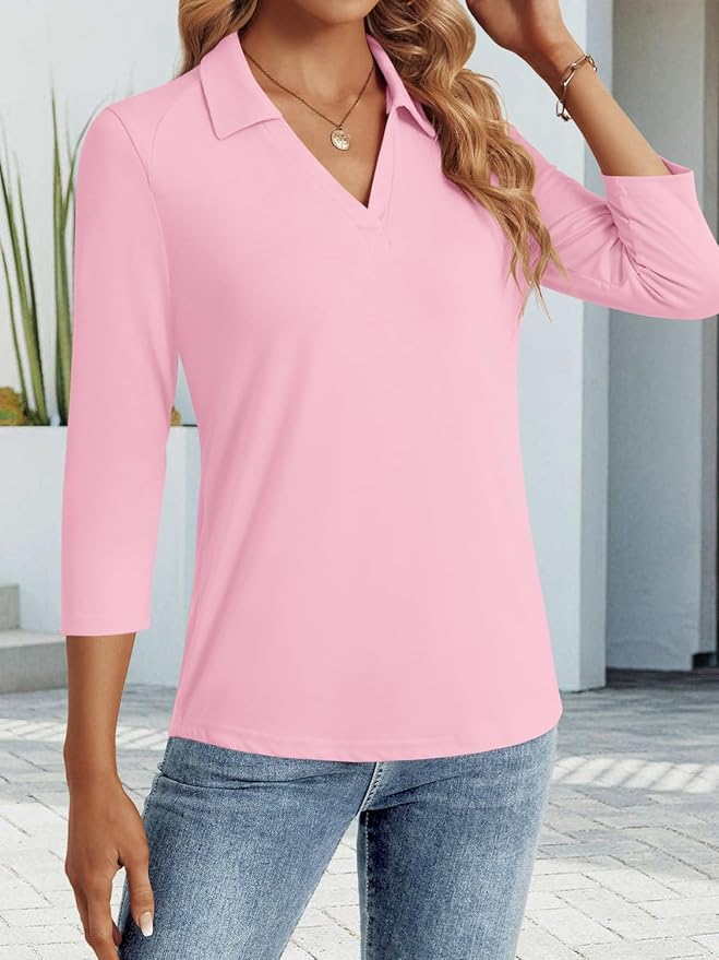 3/4 Length Sleeve Womens Tops Dressy Casual V Neck Polo Shirts Business Work Blouses 2025 Trendy Tunic Top