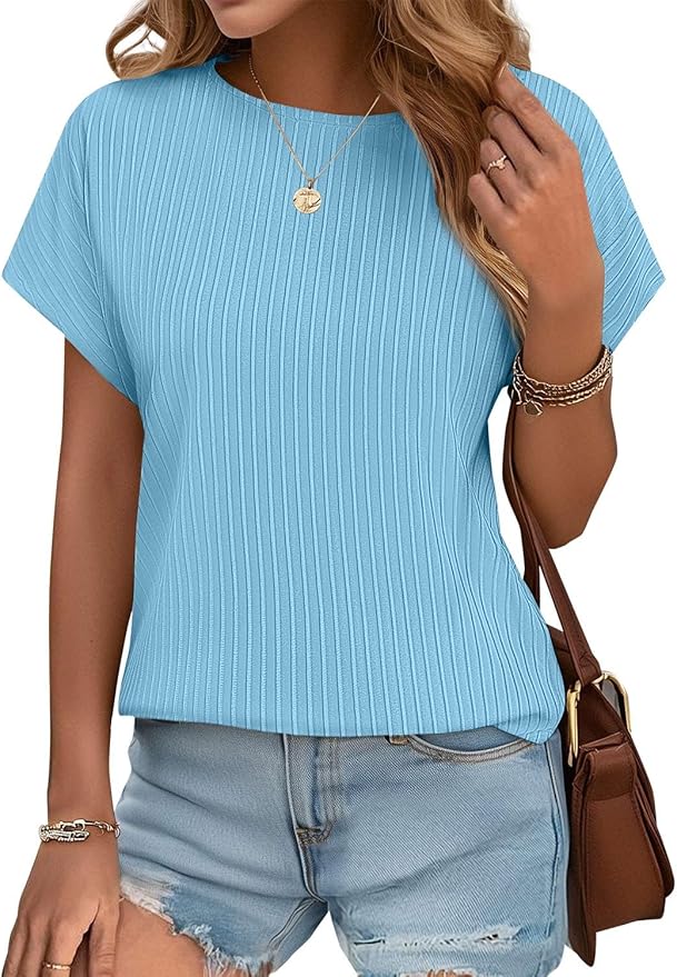JUSTFASHIONNOW Womens Short Sleeve Blouses Business Casual Tops Crew Neck Basic Tees Textured Work Shirts Cute Office Outfits