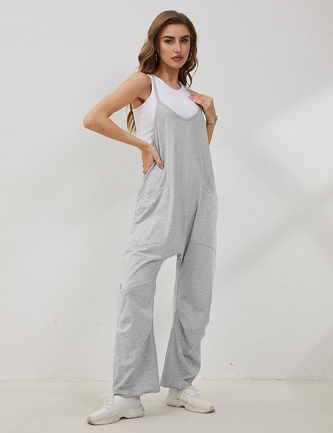 Lentta Women's Causal Jumpsuits V Neck Sleeveless Harem Overalls Stretchy Adjustable Strap Romper with Pockets