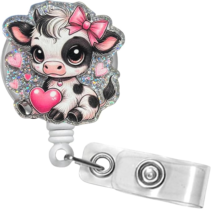 Valentines Badge Reel with Retractable Clip,Cute Pink Cow Badge Retractable ID Holder with Swivel Clip, Winter Badge Clip Work Accessories Gift for Nurses Animal Lovers Valentines Gifts