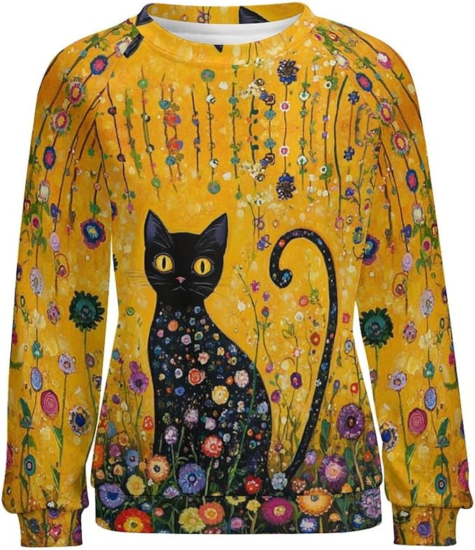 Spatofa Womens novelty funny cat printed crewneck sweatshirt casual loose long sleeve graphic pullover sweatshirts tops