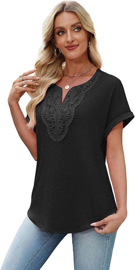 Sipaya Womens Blouses Dressy Casual Summer Shirts Short Sleeve Lace Front Boho Tunic Tops for Leggings Fashion Clothes