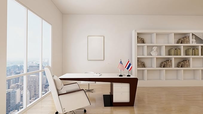 USA American & Thailand Thai Desk Flags, US Thailand Small Mini Table Office Flag, Miniature Thai and US Desktop Flag With 13" Solid Black Pole, Black Base