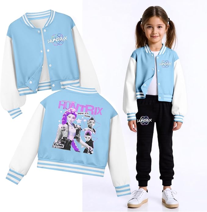 K PopGirls Kpop Tracksuit Cute Cartoon Print Baseball Coats Fashion Long Sleeve Jackets and Pants Christmas Costume Set