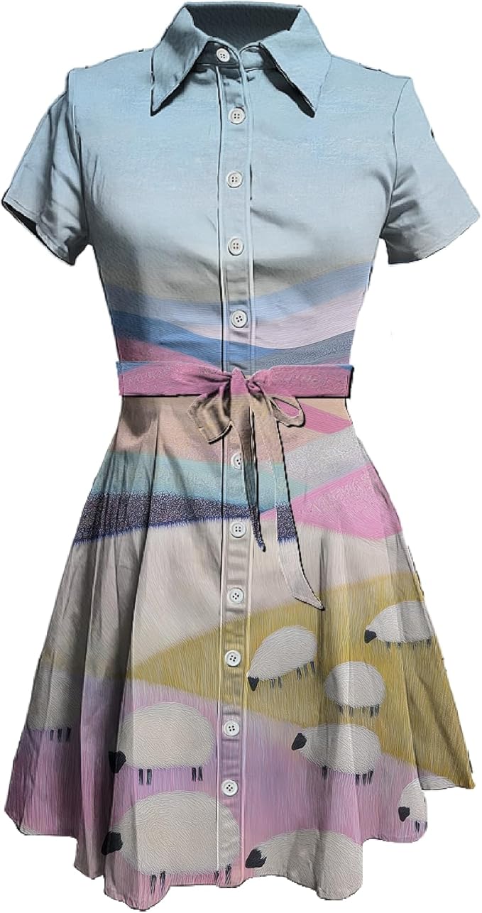 MARSVOVO Cute T Shirt Dress for Women Short Sleeve Button Up Tie Waist Elegant Casual Collared Smocked Midi Dress