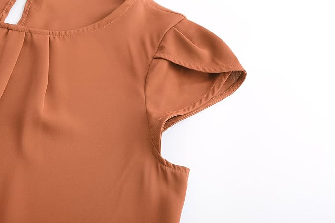 TASAMO Women's Casual Round Neck Basic Pleated Top Cap Sleeve Curved Keyhole Back Chiffon Blouse