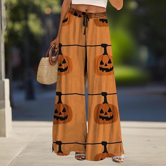 domirica Halloween Pants Women Drawstring Elastic Waist Wide Leg Pants Ladies Pumpkin Ghost Pajama Vintage Street Wear
