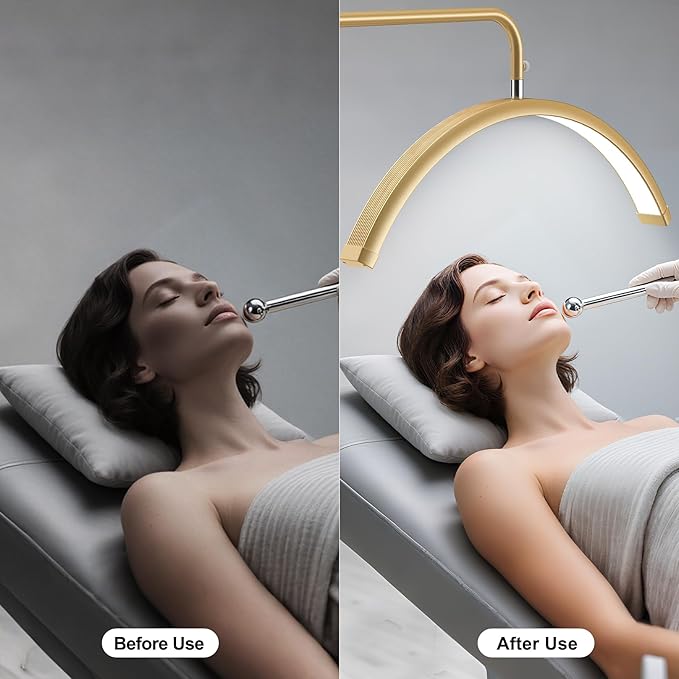 Half Moon Lash Light - Adjustable LED Floor Lash Lamp with 4X Magnifier & Phone Holder for Eyelash Extensions,Nail Art,Tattoo,Skincare,Salon SPA-Dimmable Brightness,Rotating Head, Gold