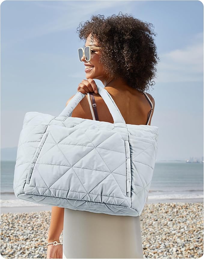 BAGSMART Tote Bag for Women, Puffy Tote Bag with Zipper, Large Quilted Shoulder Bag with Compartments for Travel, Work, Gym
