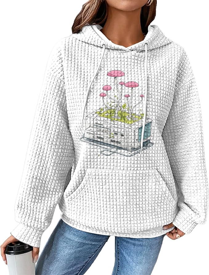 domirica Pullover Sweatshirts For Women Drawstring Long Sleeve Waffle Sweatshirt With Pocket Vintage Street Wear Qutfits