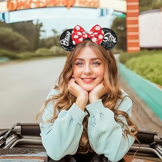 ETLUK Mouse Ears Headband, Mouse Ears Sequin Bow Headbands for Women Girls, Birthday Party Decorations (Birthday Girl)