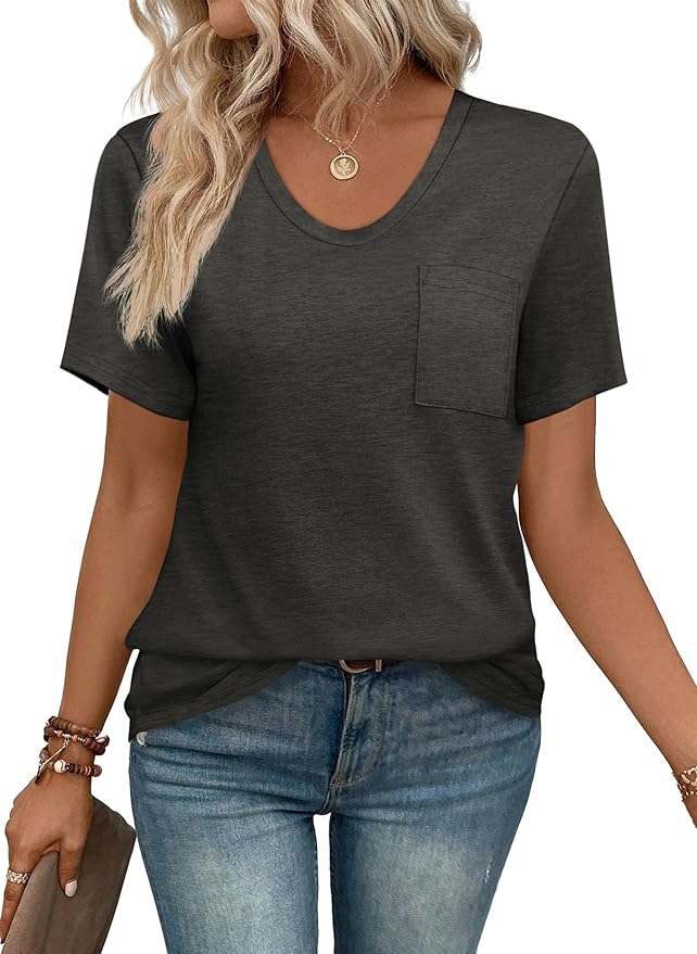 WIHOLL Women Summer T Shirts Short Sleeve Rounded V Neck Pocket Tee Tops