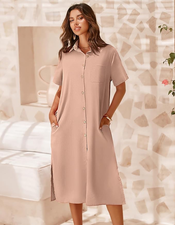 Zeagoo Women Dresses Summer Casual Short Sleeve Button Down Shirt Dresses 2025 Beach Cover Up with Pockets
