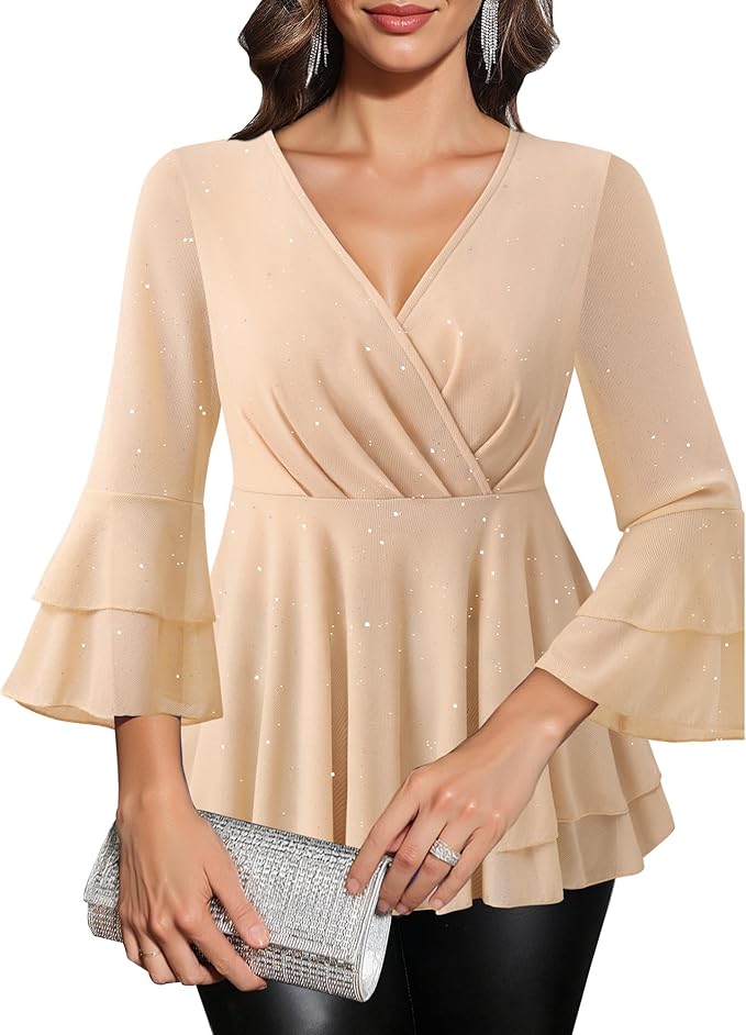 Lotusmile Women's Dressy Blouses Ruffle 3/4 Sleeve Peplum Sparkly Tops