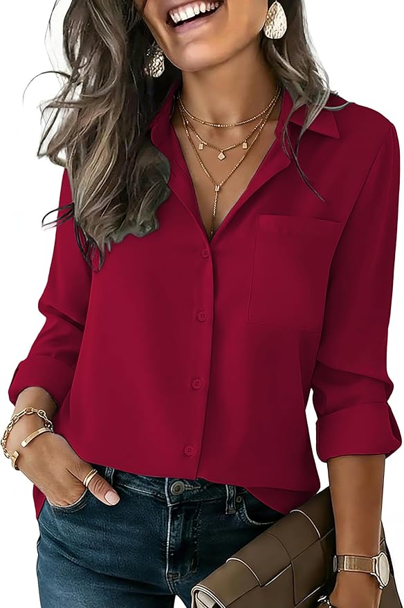 HOTOUCH Button Down Shirts for Women Long Sleeve Blouse Dressy Casual Business Work Tops with Pocket