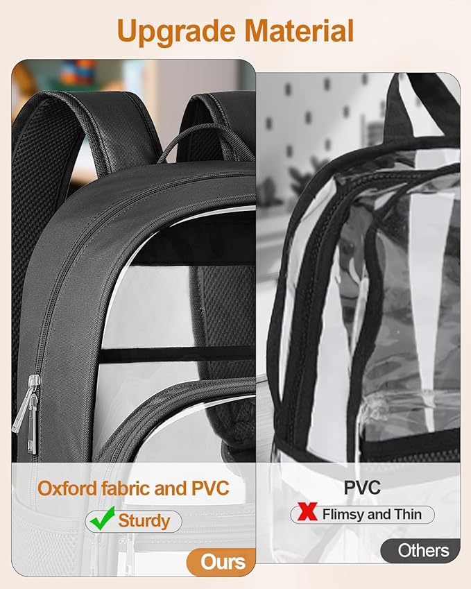 KIMNERPU Clear Backpack, Heavy Duty Transparent Bookbag for School, Fabric & PVC Transparent Backpack with Reinforced Strap for Women Men, Capacity Clear Bag for College, Travel, Security, Black
