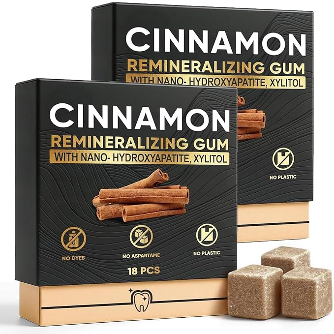 Cinnamon Remineralizing Gum with Nano Hydroxyapatite, Sugar-Free Xylitol and Tree Sap Blend for Daily Oral Freshness, Chewing Gum for Advanced Enamel Protection, No Gluten (2)
