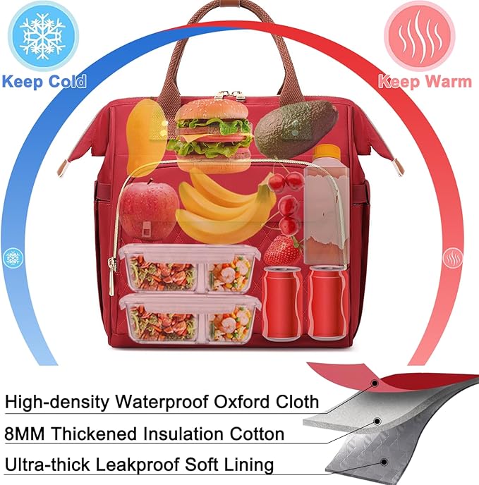AIJIEKE Lunch Bag for Women, Leakproof & Insulated Work Lunch Box Tote, Reusable Adult Cooler Bag with Water Bottle Side Pocket & Removable Shoulder Strap, Red