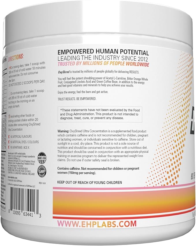 EHP Labs OxyShred Pre Workout Powder - Preworkout Powder with L Glutamine & Acetyl L Carnitine, Energy Boost Drink - Peach Mango, 60 Servings