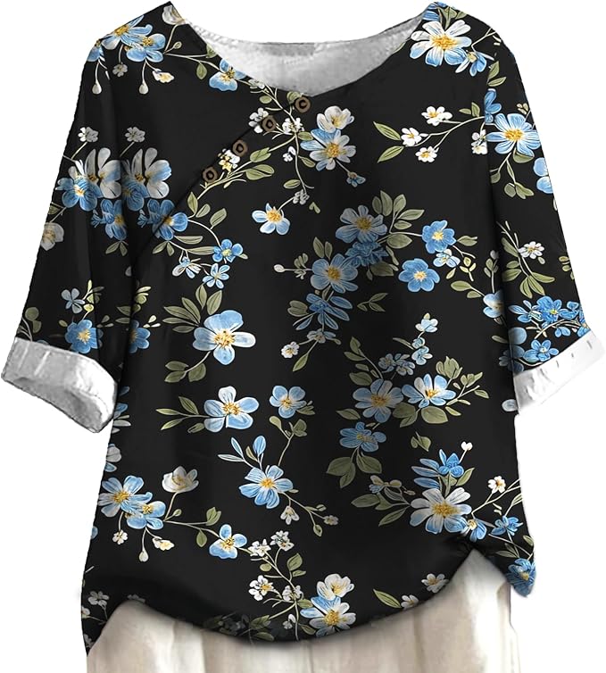 Women's Shirts Dressy Casual Asymmetric Side Button Down Design Tops Summer Loose Fit Crewneck Graphic Tees