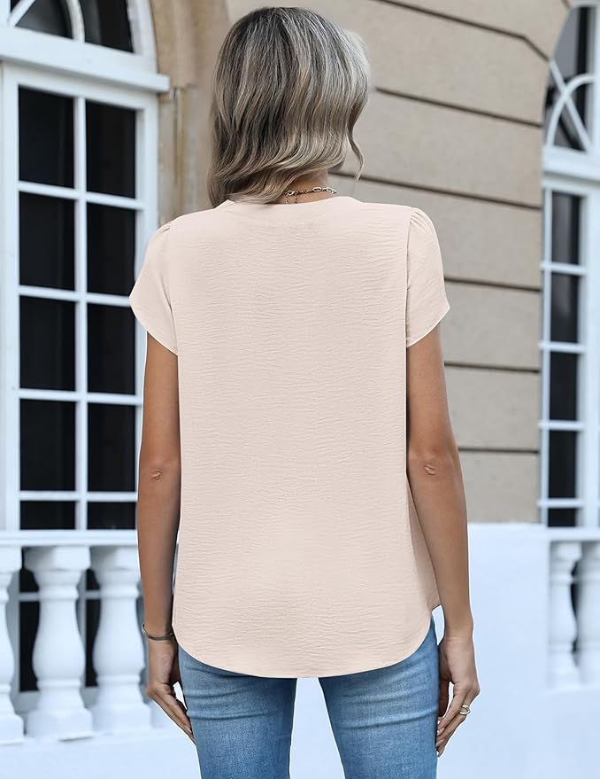 Zeagoo Womens Tops Dressy Casual Textured Blouses Cap Short Sleeve Shirts V Neck Button Up Summer Spring Work Tshirt Clothes