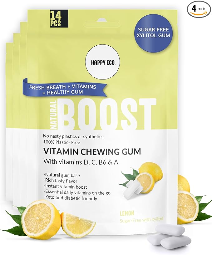Multivitamin Xylitol Gum (56pcs) - Healthy, Sugar Free, Plastic Free, All Natural Chewing Gum with Vitamin Gum A,B6,C & D, Aspartame Free, Vegan, Gluten Free, Keto (Lemon)