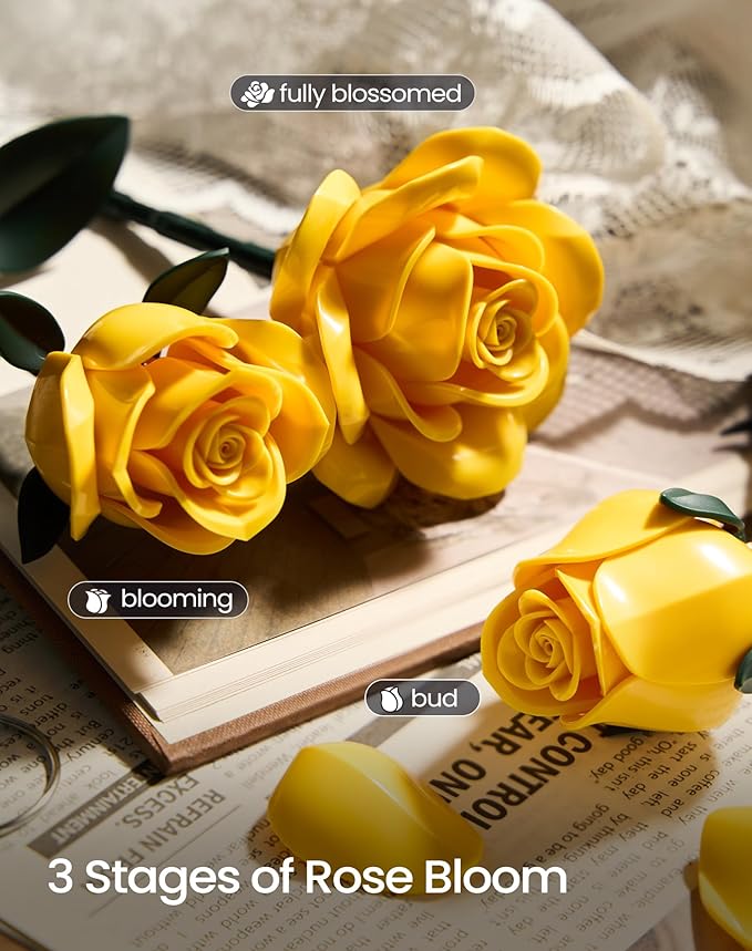 iATOM Yellow Rose Bouquet Building Set, 12Pcs Flowers Botanical Collection Kit for Adults, Valentine's Day Gift for Her/Girlfriend/Mom/Wife/Couple, Modern Home Office Table Centerpiece Decor Aesthetic