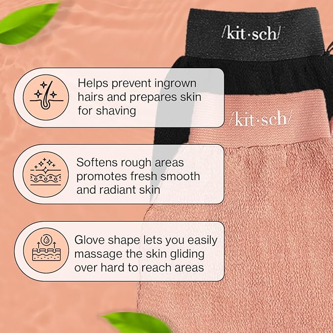 Kitsch Exfoliating Gloves 2pc – Korean Exfoliating Mitt & Deep Exfoliating Body Scrubber for Shower, Bath | Body Exfoliator, Dead Skin Remover | Skin Care for Smooth, Renewed Skin - Black & Terracotta