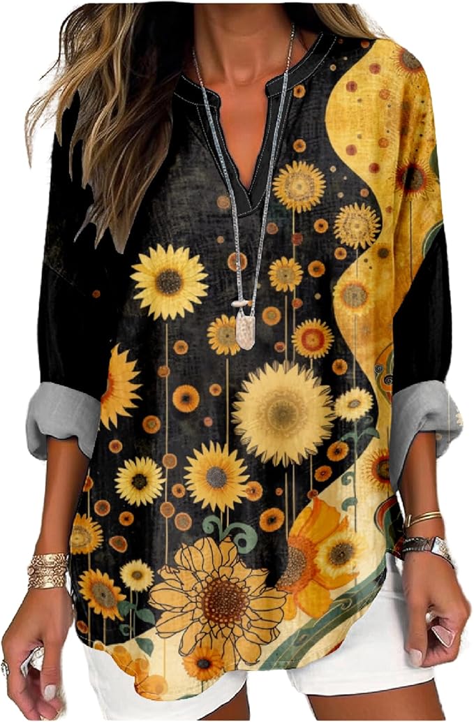 MARSVOVO V Neck Shirt For Women Boho Multi Style Blouse Long Sleeve Novelty Graphic Plus Size Pullover Tops For Women