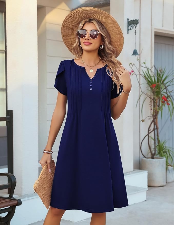 Zeagoo Women's Casual Dresses with Pockets Summer Floral V-Neck A-Line Tshirt Dress Short Sleeve Mini Dress Beach Sundress