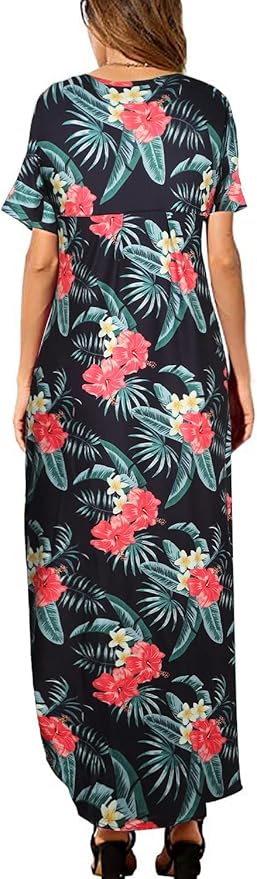 Arolina Women's Summer Maxi Dress Short Sleeve V Neck Casual Loose Long Beach Split Dresses with Pockets