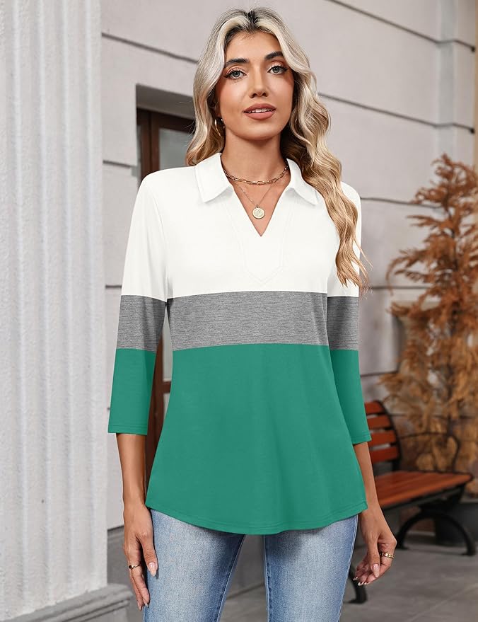 LOMON 3/4 Length Sleeve Womens Tops 2026 Spring Summer Collared Polo Shirts V Neck Casual Basic Polos Tees Shirt