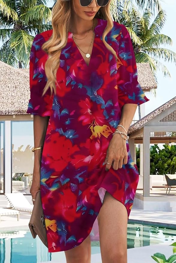 QACOHU Summer Dresses for Women V Neck Ruffle Short Sleeve Casual Shift Dress