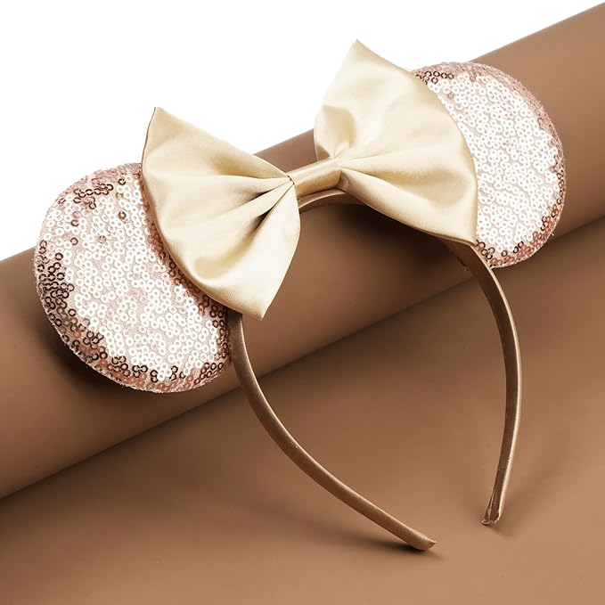 bianbaistar Champagne Glitter Mouse Ears Headband, Luxe Satin Bow for Bridal Events & Park Days