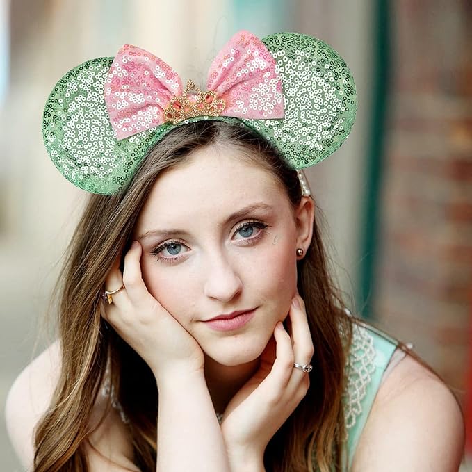 RAZKO Mouse Ears Headband, Sequin Green Mice Ears Hairband Animal Ears Headband for Women Girls Hair Accessories (Green Crown L)