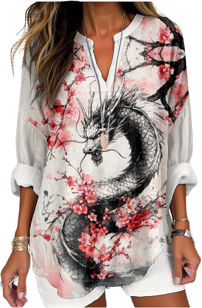 MARSVOVO V Neck Shirt For Women Boho Multi Style Blouse Long Sleeve Novelty Graphic Plus Size Pullover Tops For Women