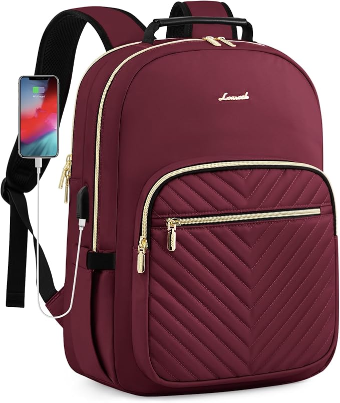 LOVEVOOK Laptop Backpack Purse for Women, Work Business Travel Computer Bags, College Nurse Backpack for Womens, Quilted Casual Daypack with USB Port, Fit 15.6 Inch Laptop, Wine Red