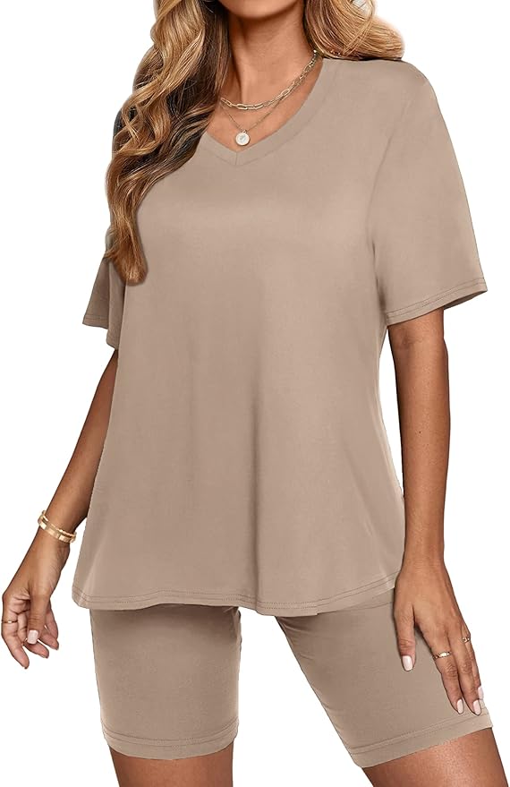 AGSEEM Two Piece Outfits For Women Summer V Neck T-Shirt Tops Biker Shorts Workout Sports Tracksuit