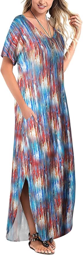 Arolina Women's Summer Maxi Dress Short Sleeve V Neck Casual Loose Long Beach Split Dresses with Pockets