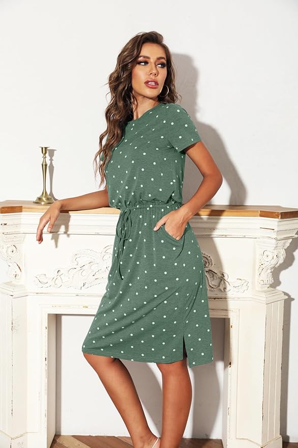 Simier Fariry Womens Spring Hide Belly Knee Length Travel Dress Pocket Summer Short Sleeve Midi Work Casual Outfits