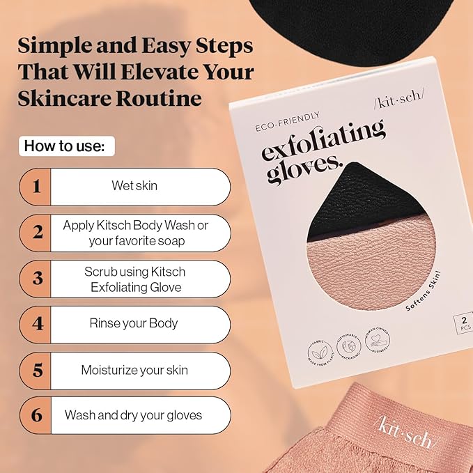 Kitsch Exfoliating Gloves 2pc – Korean Exfoliating Mitt & Deep Exfoliating Body Scrubber for Shower, Bath | Body Exfoliator, Dead Skin Remover | Skin Care for Smooth, Renewed Skin - Black & Terracotta
