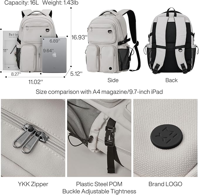 mixi Travel Laptop Backpack, Lightweight Durable School Bookbag Men Woman 15.6" Computer Bag, Water Resistant Outdoor Hiking Backpacks With Multifunction Pockets, 16 Inch, Beige