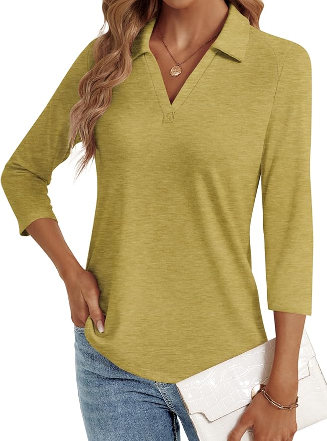 3/4 Length Sleeve Womens Tops Dressy Casual V Neck Polo Shirts Business Work Blouses 2025 Trendy Tunic Top
