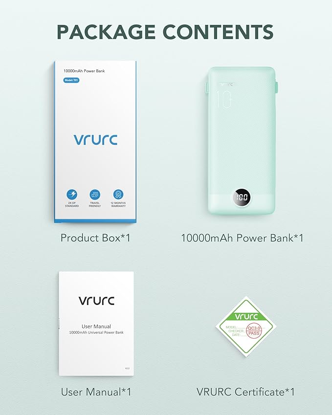 VRURC Portable Charger Built-in Cables and AC Wall Plug, USB C Power Bank 10000mAh, Travel Battery Portable Phone Charger Compact Lightweight External Battery Pack for Smart Phones, Tablets etc-Green