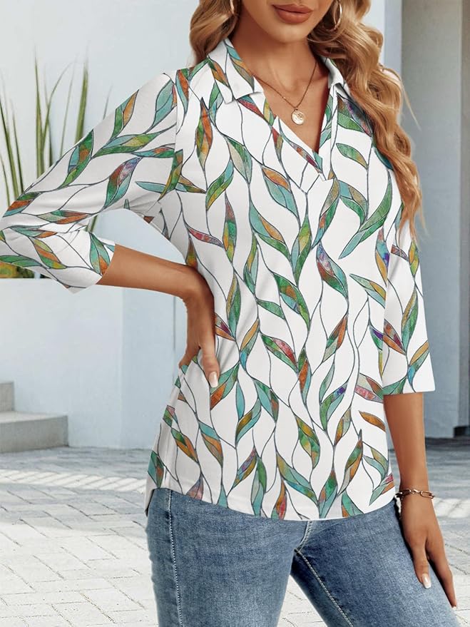 3/4 Length Sleeve Womens Tops Dressy Casual V Neck Polo Shirts Business Work Blouses 2025 Trendy Tunic Top