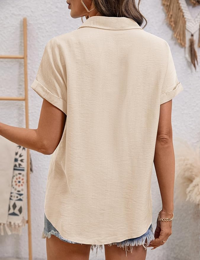 LOMON Women Blouses Spring Summer Tops for Women 2026 Short Sleeve V Neck Dressy Casual Collared Shirts Work Office