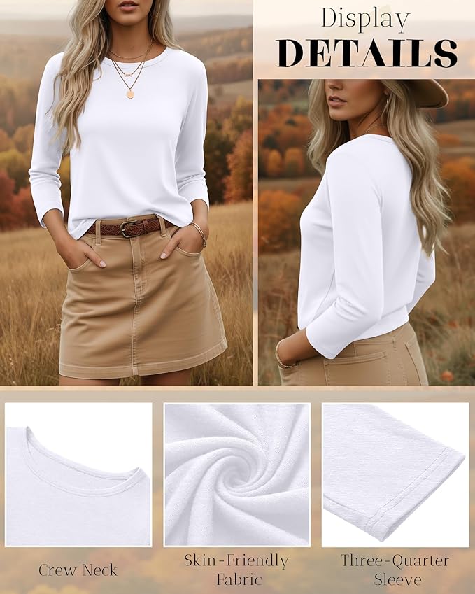 Ficerd 3 Pack 3/4 Sleeve Tops for Women Round Neck Dressy Basics Tees Casual Trendy Loose Fit T Shirts