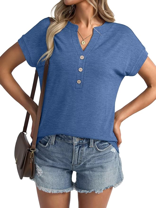 Womens V Neck Cap Sleeve Tops Summer Casual Short Sleeve Shirts Loose Fit Basic Work Tee Trendy Clothes 2025