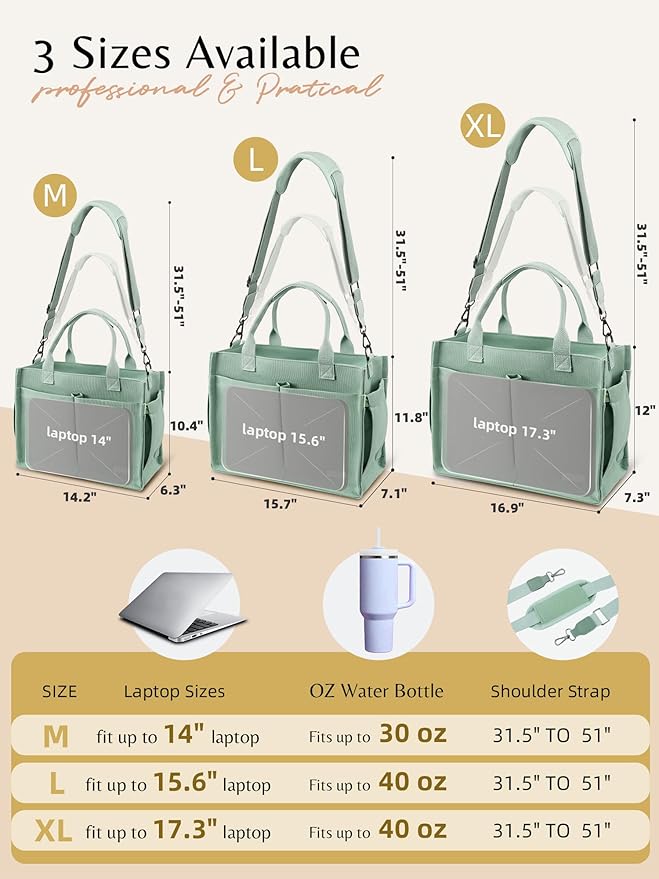 BESBESME Canvas Tote Bag for Women with Zipper & Compartments– Large Work & College Laptop Tote Crossbody Shoulder Bag